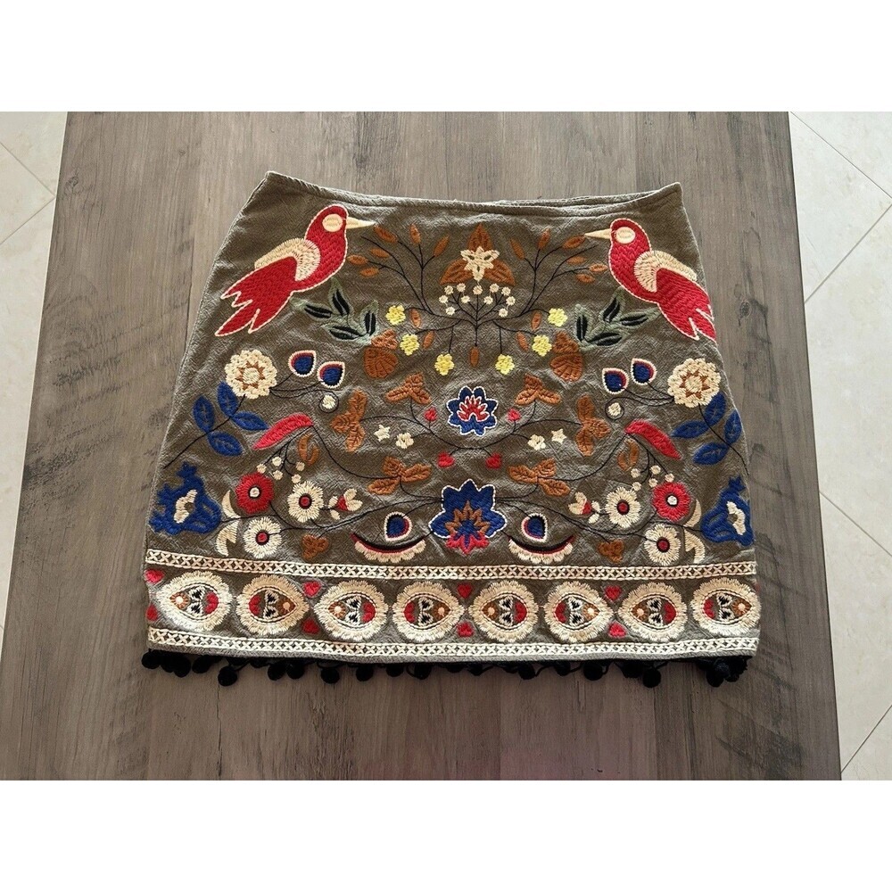 $60 Altar'd State Embroidered BOHO Mini Skirt Olive Green Size XS